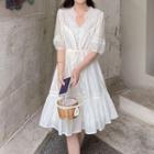 Puff-sleeve Lace Trim Drawstring A-line Dress