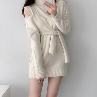 Cold Shoulder Turtleneck Tie-waist Mini Sweater Dress