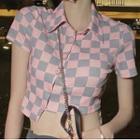Short-sleeve Asymmetrical Checker Print Crop Polo Shirt
