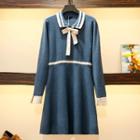 Long-sleeve Collared Bow Accent Dress