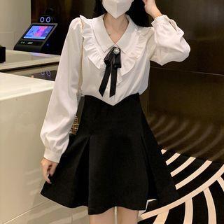 Lace Trim Long-sleeve Shirt + High-waist A-line Skirt
