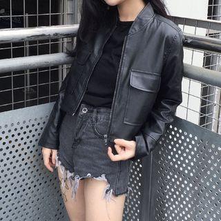 Faux Leather Zip Jacket As Shown In Figure - One Size