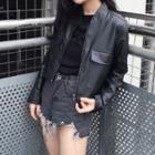 Faux Leather Zip Jacket As Shown In Figure - One Size