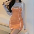 Long-sleeve Cropped Top / Spaghetti Strap Contrast Trim Mini Bodycon Dress