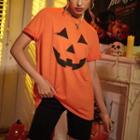 Halloween Pumpkin Print Short-sleeve Loose Fit Top