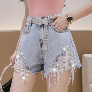 Washed Ripped Rhinestone Fringe Denim Shorts / Belt / Set