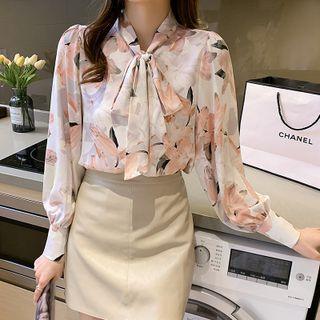 Long-sleeve Ribbon Neckline Print Loose Fit Shirt