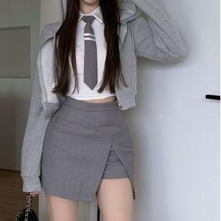 Sleeveless Shirt With Tie / Hooded Zip Jacket / Mini Skirt