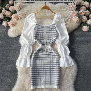 Square-neck Puff-sleeve Panel Lattice Knit Dress