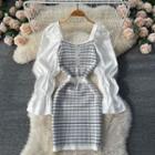 Square-neck Puff-sleeve Panel Lattice Knit Dress
