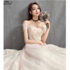 Embroidered Off Shoulder Short Sleeve Wedding Gown With Train