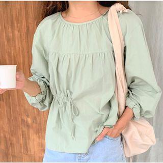 Long-sleeve Drawstring Blouse Green - One Size