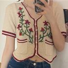 Short-sleeve Floral Embroidered Buttoned Knit Crop Top