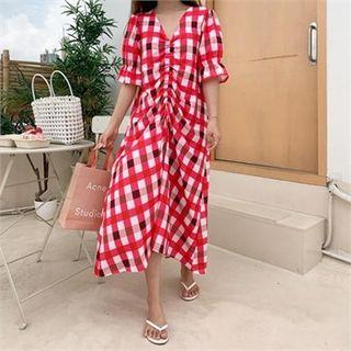 V-neck Shirred-detail Checked Dress Red - One Size