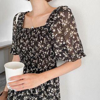 Off-shoulder Smocked Midi Floral Dress