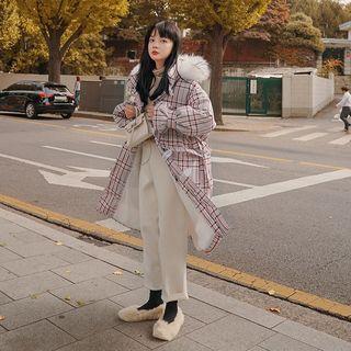 Furry Trim Plaid Hooded Padded Midi Coat