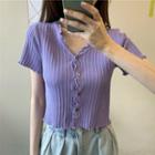 Short-sleeve Ruffle Button-up Knit Top