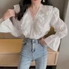 Long-sleeve Lace Panel Blouse As Shown In Figure - One Size