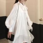 Set: Bow Accent Long-sleeve Midi A-line Dress + Slipdress