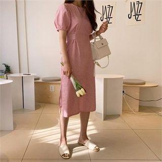 Puff-sleeve Tie-waist Striped Dress Red - One Size