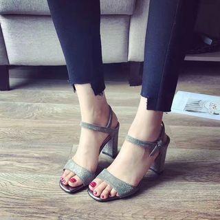 Chuncky-heel Ankle-strap Glitter Sandals