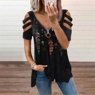 Short-sleeve Floral Print Cut-out T-shirt
