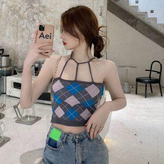 Color Block Argyle Halter Knit Top