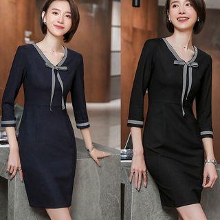 3/4-sleeve Striped Trim Ribbon Pencil Dress