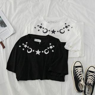 Star & Moon Printing Short-sleeve Round Neck T-shirt