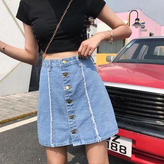 Fray Trim Buttoned A-line Denim Skirt