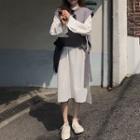 Knit Vest / Long-sleeve Midi A-line Dress