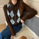 Long-sleeve Turtleneck T-shirt / Argyle Button-up Sweater Vest