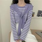 Mock Two-piece Long-sleeve Round Neck Striped Shawl Knit Top