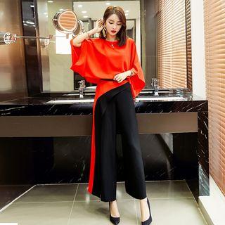 Set: Asymmetric 3/4-sleeve Top + Wide-leg Pants