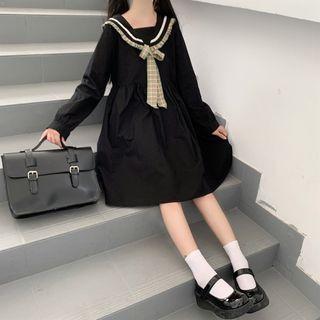 Long-sleeve Plaid Trim Sailor Collar A-line Dress