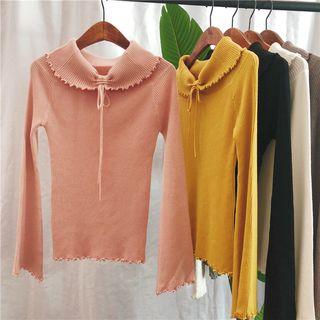 Ruffle-trim Tie-neck Long-sleeve Knit Top