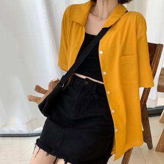 Pocket-front Short-sleeve Plain Shirt