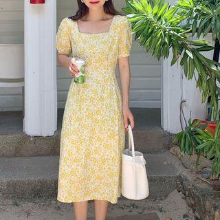 Floral Square Neck Midi A-line Dress As Shown In Figure - One Size