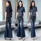 Set: Printed Short-sleeve Shirt + Fray Hem Boot-cut Jeans