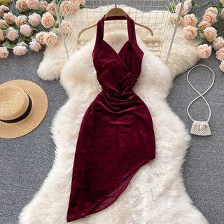 V-neck Halter Velvet Asymmetrical Hem Dress