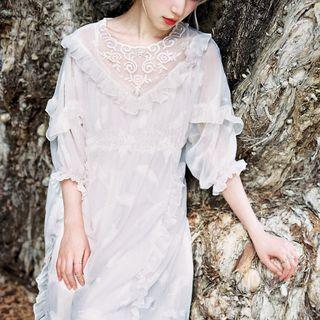 Set: Elbow-sleeve Embroidered Midi Shift Dress + Slipdress