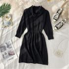 3/4-sleeve Buttoned Placket Knit Midi Dress