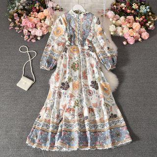 Floral Long-sleeve Maxi A-line Dress White - One Size