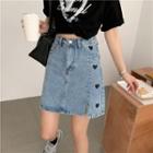 Heart Embroidered Washed Mini A-line Denim Skirt