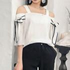 Bow Open Shoulder Elbow-sleeve Chiffon Top