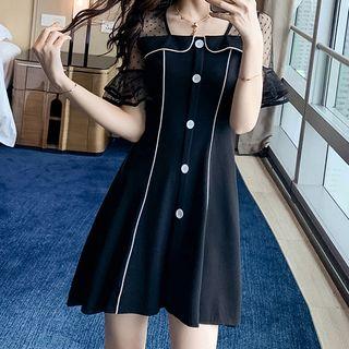 Dotted Mesh-sleeve Contrast Trim A-line Dress