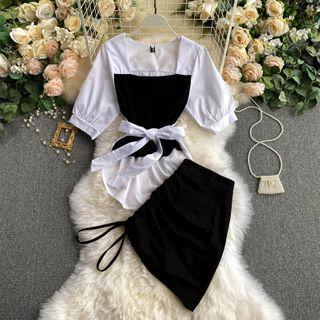 Set : Color Panel Puff-sleeve Top + Drawstring Skirt