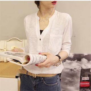 Plain Long-sleeve V-neck Top
