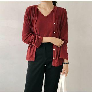 Set: V-neck Relaxed-fit Cardigan + Sleeveless Top