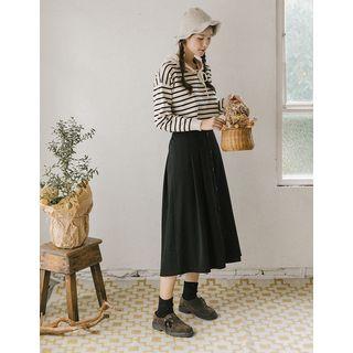 Button-front Pleated Long Flare Skirt